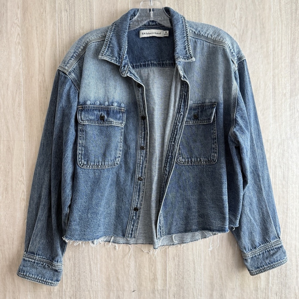 Rebecca Minkoff Women's Denim Jean Jacket Medium Blue Raw Hem Cropped Oversized